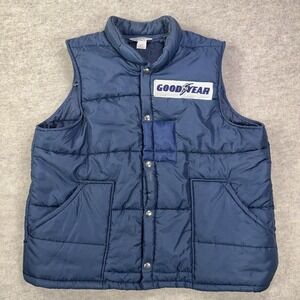Vintage Goodyear Racing Vest Mens XL Blue Puffer Vest Snap Button Made USA